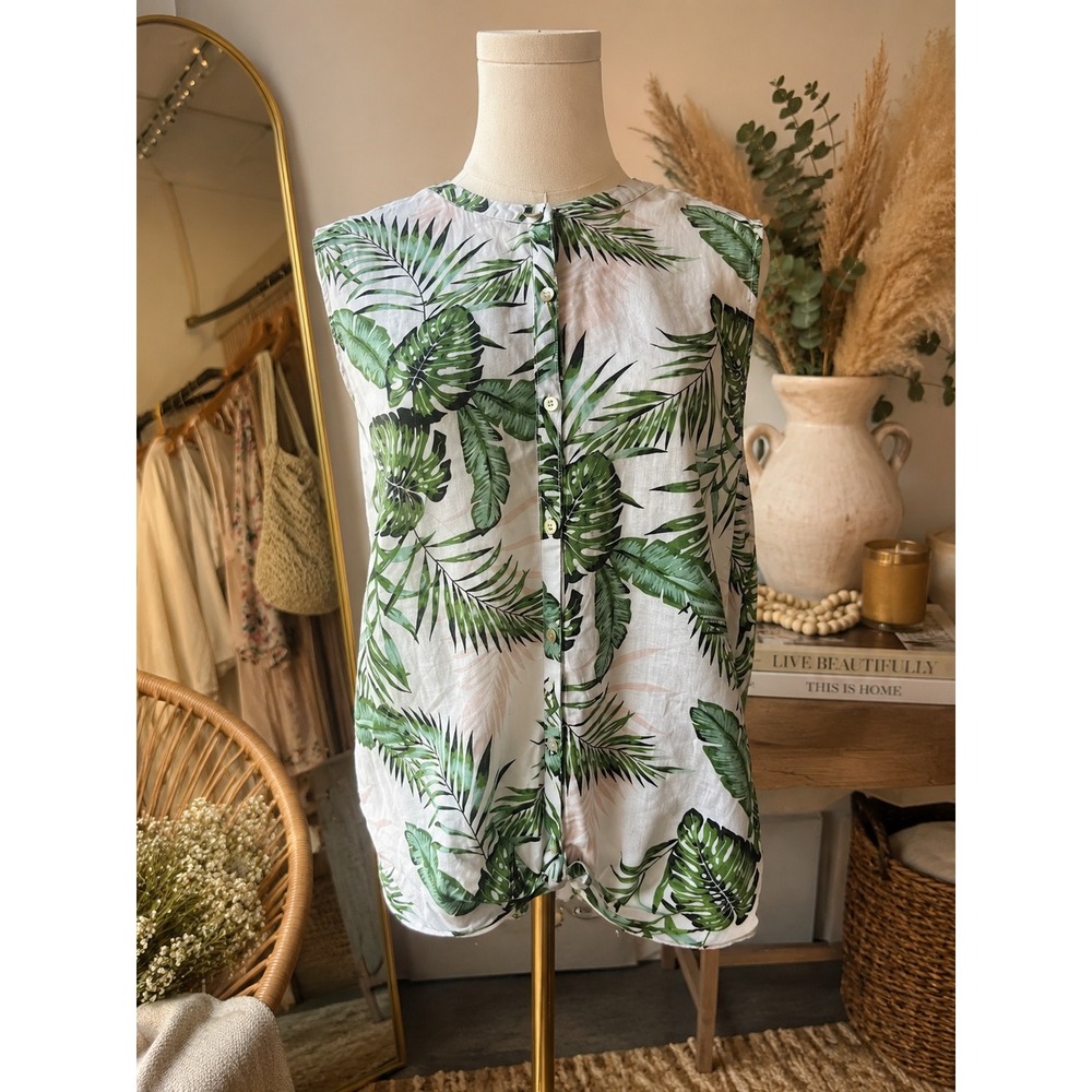 C&C California Linen Sleeveless Top Large Green Tropical Palm Leaf Button Blouse